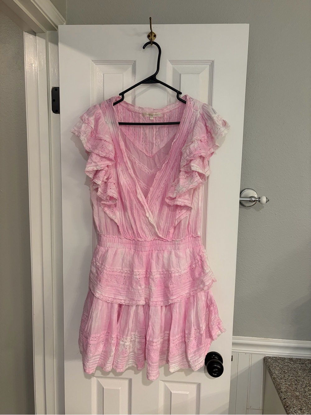 LoveShackFancy Gwen Pink Eyelet Lace Ruffle Mini Dress Cottagecore L